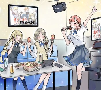 Rule 34 | 3boys, 3girls, annette fantine dominic, arms up, ashe ubert, blonde hair, blue hair, braid, cardigan, clenched hand, closed eyes, dark blue hair, felix hugo fraldarius, fire emblem, fire emblem: three houses, food, grey hair, hair ribbon, hair rings, hand on own face, hand up, holding, holding food, ingrid brandl galatea, instrument, karaoke box, maracas, mercedes von martritz, multiple boys, multiple girls, music, nintendo, open mouth, orange hair, outstretched arm, ribbon, school uniform, shirt, side ponytail, singing, single braid, smile, sylvain jose gautier, teeth, white shirt, zat 296