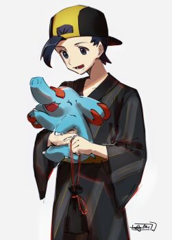 1boy alternate_costume backwards_hat baseball_cap black_eyes black_hair collarbone commentary english_commentary ethan_(pokemon) gen_2_pokemon hat hazel0217 highres holding holding_pokemon looking_down male_focus nintendo open_mouth phanpy pokemon pokemon_(creature) pokemon_hgss pouch short_hair signature sketch smile teeth tongue
