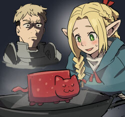 Rule 34 | 1boy, 1girl, :d, angry, armor, blonde hair, blue capelet, blue robe, braid, capelet, commentary request, dungeon meshi, elf, frown, green eyes, highres, laios touden, long hair, looking at another, looking down, marcille&#039;s familiar, marcille donato, nyan cat, open mouth, plate armor, pointy ears, robe, short hair, smile, tenten (chan4545), upper body, v-shaped eyebrows, wok