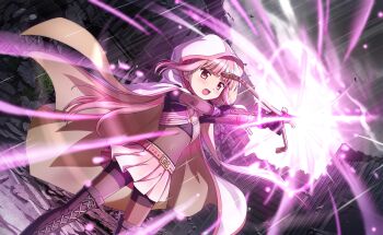 1girl artist_request belt belt_buckle black_boots black_gloves black_shirt black_shorts blunt_bangs bodystocking boots bow_(weapon) buckle cloak cloud cloudy_sky covered_erect_nipples crop_top crossbow determined dot_nose dutch_angle feet_out_of_frame firing floating_clothes floating_hair furrowed_brow game_cg gloves gold_buckle highres holding holding_crossbow holding_weapon hood hood_up hooded_cloak lace-up_boots light_blush light_particles long_hair low_ponytail magia_record:_mahou_shoujo_madoka_magica_gaiden magic magical_girl mahou_shoujo_madoka_magica mahou_shoujo_madoka_magica_magia_exedra miniskirt official_art open_mouth outdoors pink_belt pink_eyes pink_hair pink_skirt pleated_skirt ponytail rain ruins shirt short_sleeves shorts shorts_under_skirt sidelocks skirt sky solo studded_belt tamaki_iroha thigh_boots very_long_hair weapon white_cloak