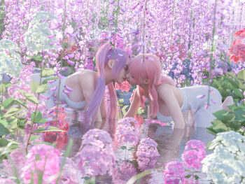 2girls 3d breasts camisole flower french_kiss highres imminent_kiss kiss large_breasts multiple_girls nekotamamofu original pink_hair pink_theme purple_hair scenery school_uniform sideboob tongue tongue_out underwear water yuri
