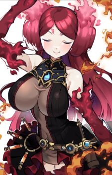 1girl alternate_color blue_hair breasts brighid_(xenoblade) closed_eyes fire highres large_breasts red_hair solo suuuuica xenoblade_chronicles_(series) xenoblade_chronicles_2