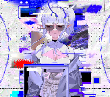 1girl breasts cleavage_cutout clothing_cutout commentary commission elf english_commentary highres intestines original pointy_ears round_eyewear signal_1120 skeb_commission solo white_hair