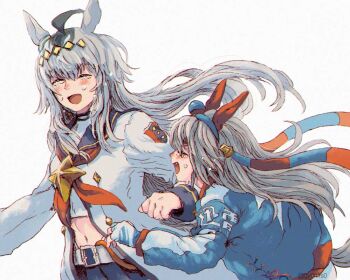 Rule 34 | 2girls, ahoge, animal ears, belt, blue hairband, blue jacket, blue sailor collar, blush, brooch, closed eyes, commentary request, crying, ear covers, ear ornament, fingerless gloves, gloves, grey hair, grey tail, hair between eyes, hair ornament, hairband, headband, horse ears, horse girl, horse tail, jacket, jewelry, kanjin (gy0n1s0), long hair, long sleeves, midriff, multicolored hair, multiple girls, navel, neckerchief, oguri cap (starlight beat) (umamusume), oguri cap (umamusume), open mouth, pants, panty straps, pleated skirt, red headband, red neckerchief, sailor collar, shirt, skirt, smile, star brooch, striped clothes, striped hairband, tail, tamamo cross (umamusume), tamamo cross (with lightning speed) (umamusume), umamusume, umamusume: cinderella gray, white belt, white jacket, white pants, white shirt