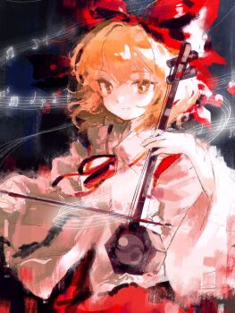 1girl beamed_sixteenth_notes blonde_hair bow bow_(music) closed_mouth eighth_note erhu hair_bow half_note highres holding holding_bow_(music) instrument long_sleeves looking_at_viewer music musical_note musical_staff neck_ribbon playing_instrument quarter_rest red_bow red_ribbon ribbon satsuki_rin shirt short_hair skirt smile solo touhou upper_body white_shirt white_skirt wide_sleeves yellow_eyes yin_yang youshouhaoxianzhe
