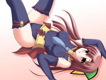 1girl 95-tan bare_shoulders blush bow breasts brown_hair hair_bow highres kakesu large_breasts long_hair looking_at_viewer lying necktie open_mouth os-tan smile solo thighhighs zettai_ryouiki