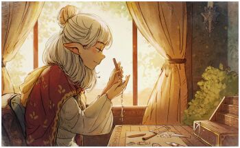 1girl absurdres asimov_(spindle_(aidenr0)) blush border box caliper candle chair chisel closed_mouth commentary curtains elf english_commentary from_side hair_bun half-closed_eyes highres holding holding_candle holding_chisel holding_jewelry holding_necklace holding_tool hood hood_down indoors jewelry leaf long_sleeves looking_at_object loose_hair_strand medium_hair necklace original plant pointy_ears saw shirt sitting solo spindle_(aidenr0) table tools unworn_jewelry unworn_necklace upper_body wallpaper_(object) white_border white_hair white_shirt wide_sleeves working