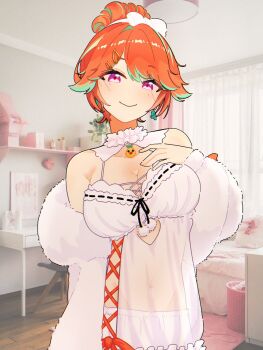 babydoll bare_shoulders breasts cleavage collarbone earrings fluffy_clothes frilled_babydoll frilled_shorts frilled_thighhighs frills fur_jacket green_hair green_highlights hair_bun hand_up hashtag-only_commentary highres hololive hololive_english hyurisaki jacket jewelry lace-trimmed_nightgown large_breasts multicolored_hair official_alternate_costume official_alternate_hairstyle orange_hair purple_eyes see-through_babydoll see-through_clothes shorts sleep_mask smile takanashi_kiara takanashi_kiara_(cozy) thighhighs two-tone_hair virtual_youtuber white_babydoll white_thighhighs