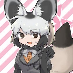 Rule 34 | 1girl, :3, :d, @ @, animal ear fluff, animal ears, bat-eared fox (kemono friends), black gloves, black hair, bow, bowtie, brown eyes, commission, fox ears, gloves, grey hair, grey jacket, hand up, jacket, jmeysan, kemono friends, looking at viewer, multicolored hair, open mouth, orange shirt, shirt, short hair, short sleeves, skeb commission, smile, solo, striped background, sweatdrop, tail, translation request, upper body