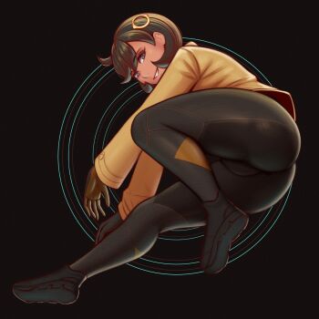 1girl ass black_bodysuit black_gloves black_hair blue_eyes bodysuit breasts brown_jacket carrion_art dark-skinned_female dark_skin emma_(pokemon) full_body gloves grin hair_ornament highres jacket latex latex_bodysuit looking_at_viewer nintendo open_mouth orange_gloves pokemon pokemon_legends:_z-a short_hair smile solo teeth two-tone_gloves