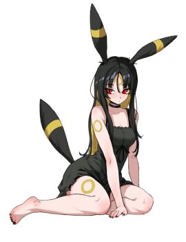 1girl animal_ears arm_markings arm_support bare_shoulders barefoot between_legs black_choker black_ears black_hair black_nails black_ribbon black_tail blonde_hair body_markings breasts choker cleavage closed_mouth collarbone colored_inner_hair commentary_request dot_mouth dot_nose dress eyebrows_hidden_by_hair facial_mark feet frilled_dress frills full_body gen_2_pokemon hair_between_eyes hair_over_shoulder hand_between_legs highres invisible_floor leaning_forward light_blush long_eyelashes long_hair looking_to_the_side medium_breasts multicolored_hair nihu nintendo parted_bangs parted_hair personification pokemon raised_eyebrows red_eyes ribbon short_dress sidelocks simple_background sitting slit_pupils solo striped_tail tail thick_eyelashes thigh_marking thighs toes tsurime two-tone_hair umbreon white_background yokozuwari