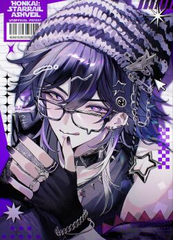 Rule 34 | 1boy, alternate costume, ashveil (honkai: star rail), beanie, black hair, black nails, bracelet, chain, choker, commentary request, earrings, eyelashes, fingerless gloves, gloves, gradient hair, grey eyes, hair between eyes, hat, highres, honkai: star rail, honkai (series), jewelry, looking at viewer, male focus, multicolored hair, multiple bracelets, multiple earrings, multiple hair clips, multiple rings, necklace, retujyooo, ring, safety pin, teardrop-framed glasses, tongue, upper body