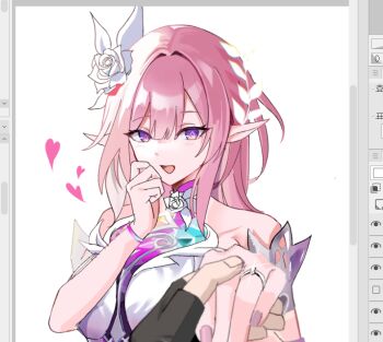 1boy 1girl art_program_in_frame bare_shoulders black_gloves breasts caelus_(honkai:_star_rail) cyrene_(honkai:_star_rail) cyrene_(ripples_of_past_reverie)_(honkai:_star_rail) diamond-shaped_pupils diamond_(shape) dress flower gloves hair_flower hair_ornament hashtag-only_commentary heart holding_hands honkai:_star_rail honkai_(series) jewelry large_breasts long_hair pink_hair pointy_ears purple_eyes ricoh_art ring screencap simple_background symbol-shaped_pupils trailblazer_(honkai:_star_rail) upper_body very_long_hair wedding_ring white_background white_dress