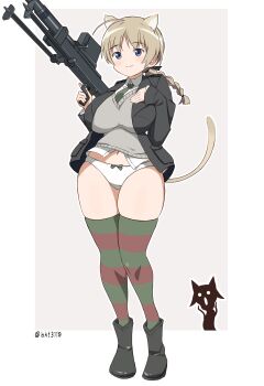 2girls 501st_joint_fighter_wing absurdres animal_ears birthday bkf3110 black_jacket black_shoes blue_eyes blush boots boys_anti_tank_rifle braid breasts brown_hair cardigan cat_ears cat_tail chinese_commentary closed_mouth collared_shirt commentary green_theme grey_background grey_cardigan gun highres holding holding_gun holding_weapon jacket large_breasts long_sleeves lynette_bishop miyafuji_yoshika multicolored_thighhighs multiple_girls panties red_thighhighs shirt shoes silhouette_demon simple_background smile solo_focus standing strike_witches striped_clothes striped_thighhighs tail thighhighs two-tone_thighhighs underwear weapon white_background white_panties white_shirt world_witches_series