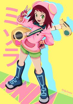 1girl :d ayla_kazemi blue_boots boots character_name commentary english_commentary fingerless_gloves full_body gloves green_eyes green_shorts guitar guitar_strap highres hood hood_up hoodie instrument looking_at_viewer mega_man_(series) mega_man_star_force_(series) open_mouth pink_hoodie red_hair short_hair shorts smile solo sonia_strumm_(mega_man) standing twitter_username v