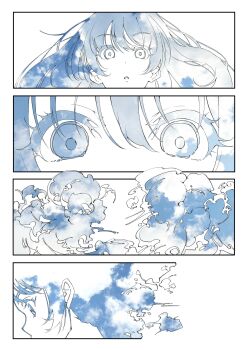 1girl close-up cloud dissolving highres insomnia_(insomnia_plus) long_hair looking_at_viewer original parted_lips sequential simple_background sky smoke white_background