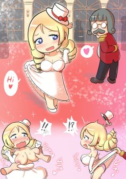 100%_orange_juice 1boy 1girl artist_request bare_shoulders black_hair blonde_hair blue_eyes blush breasts breasts_out chibi clothes_lift dress dress_lift drill_hair elbow_gloves fernet_(orange_juice) flying_red_barrel glasses gloves grabbing_another&#039;s_breast groping hat highres long_hair medium_hair mini_hat nipples open_mouth panties pink_panties seat underwear white_dress