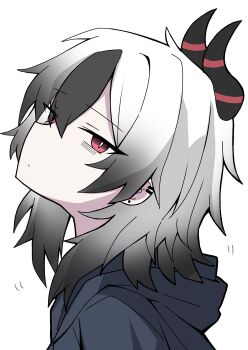 1girl absurdres alternate_hairstyle black_hair black_jacket blue_archive closed_mouth commentary earclip expressionless gradient_hair highres hood hood_down jacket kayoko_(blue_archive) looking_at_viewer looking_to_the_side multicolored_hair nyanzai-sensei portrait red_eyes shaft_look simple_background solo streaked_hair two-tone_hair white_background white_hair wolf_cut