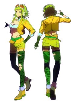 1girl bloodmery2875 boots commentary cropped_jacket fingerless_gloves full_body gloves goggles goggles_on_head green_gloves green_hair green_shorts green_thighhighs gumi headset highres jacket midriff multiple_views short_hair_with_long_locks shorts simple_background thighhighs torn_clothes torn_thighhighs vocaloid white_background yellow_boots yellow_jacket