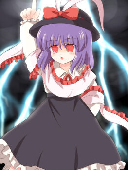 Rule 34 | 1girl, capelet, cloud, female focus, hat, lightning, nagae iku, outdoors, ribbon, ry (yagoyago), saturday night fever, short hair, sky, solo, standing, touhou