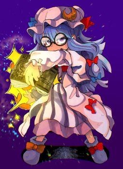 1girl blue_bow book boots bow crescent crescent_hat_ornament dot_nose dress floating_hair footwear_bow frills gradient_background hair_bow hat hat_ornament highres holding holding_book inuyama_konan long_hair mob_cap multiple_hair_bows open_book orange_bow patchouli_knowledge pink_hat pink_robe purple_background purple_boots purple_eyes purple_hair red_bow robe round_eyewear sidelocks sparkle striped_clothes striped_dress touhou vertical-striped_clothes vertical-striped_dress
