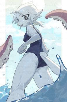 1girl ass bird_girl black_eyes black_hair body_fur breasts competition_swimsuit furry furry_female highres kaltespur large_breasts looking_at_viewer medium_hair one-piece_swimsuit open_mouth original outdoors owl_ears owl_girl solo swimsuit tentacles water white_fur white_hair