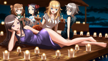 Rule 34 | 5girls, :d, :o, ange (princess principal), barefoot, beatrice (princess principal), black dress, black hair, blonde hair, blue eyes, bow, breasts, brown eyes, brown hair, candle, cleavage, cloud, collarbone, dorothy (princess principal), double bun, dress, feet, flower, green bow, grey eyes, hair between eyes, hair bun, hair flower, hair ornament, head rest, highres, holding, holding candle, japanese clothes, kimono, lying, medium breasts, multiple girls, nail polish, night, on side, open mouth, orange skirt, outdoors, parted bangs, pink nails, princess (princess principal), princess principal, print kimono, purple dress, red flower, shirt, short dress, short hair, silver hair, sitting, skirt, sleeveless, sleeveless dress, smile, taniguchi gou, toenail polish, toenails, toes, toudou chise, white kimono, white shirt