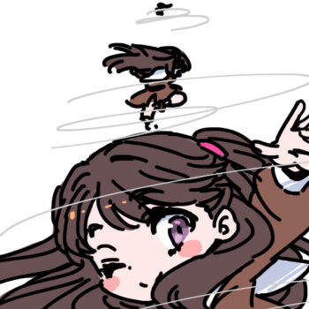 1girl ;) blush_stickers brown_dress brown_hair chibi closed_mouth commentary dress english_commentary fujishima_megumi hasu_no_sora_school_uniform link!_like!_love_live! long_hair long_sleeves looking_at_viewer love_live! medium_dress mixed-language_commentary one_eye_closed outstretched_arms pleated_dress purple_eyes sailor_collar sailor_dress school_uniform shinanoya_(satanicad) simple_background smile spinning split_mouth spread_arms two_side_up virtual_youtuber white_background white_sailor_collar winter_uniform