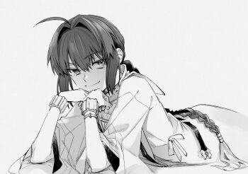 1other androgynous armrest bracelet braid fate/samurai_remnant fate_(series) fu_rori greyscale hair_intakes head_rest japanese_clothes jewelry long_braid lying monochrome necklace on_stomach simple_background single_braid smile smug solo yamato_takeru_(fate)