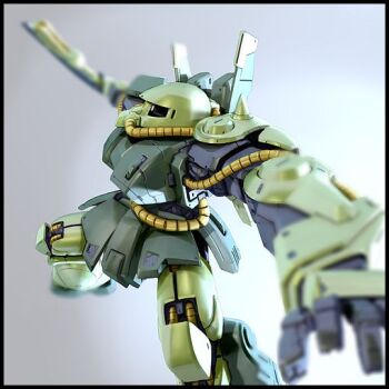 3d blurry blurry_background blurry_foreground cable commentary_request gradient_background gundam hizack kou_(mechalog) machinery mecha mecha_focus mobile_suit no_humans one-eyed realistic robot science_fiction shoulder_spikes spikes titans_(gundam) weapon zeta_gundam