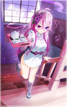 1girl acn bow cup highres holding indoors looking_at_viewer maid multicolored_eyes original pink_eyes pink_hair purple_eyes standing standing_on_one_leg teacup window