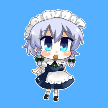 1girl apron bad_id bad_pixiv_id black_shoes blue_background blue_dress blue_eyes blush bow braid chibi chibi_only commentary_request dress full_body green_bow grey_hair hair_bow izayoi_sakuya long_hair looking_at_viewer maa_(forsythia1729) maid maid_headdress outline shoes socks solo touhou twin_braids waist_apron white_apron white_outline white_socks