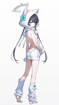 1girl absurdres animal_hood ass back backless_outfit bare_shoulders black_hair blue_archive blush breasts butt_crack cat_hood dress eco_376124 grey_eyes halo highres hood kisaki_(blue_archive) long_hair looking_at_viewer looking_back ribbed_sweater sideboob small_breasts solo sweater sweater_dress twintails virgin_killer_sweater white_sweater