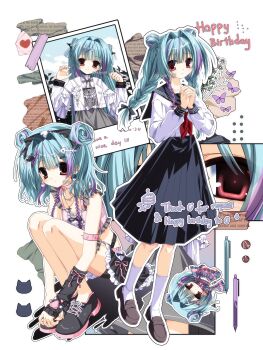 Rule 34 | 1girl, absurdres, arm warmers, black arm warmers, black footwear, black ribbon, black sailor collar, black skirt, blue hair, bow, braid, brown footwear, bug, butterfly, cat, cat hair ornament, chibi, chibi inset, closed mouth, commission, cropped shirt, double bun, dress, earrings, fingernails, fish skeleton, fish skeleton hair ornament, flower, frilled shirt, frilled skirt, frills, full body, grey dress, grey ribbon, grey shirt, grey skirt, hair bow, hair bun, hair intakes, hair ornament, hair ribbon, hairclip, hajang68, hands up, happy birthday, heart, highres, insect, jacket, jewelry, knees up, light blue hair, loafers, long hair, long sleeves, looking at viewer, mechanical pencil, medium hair, miniskirt, multicolored hair, multiple views, neck ribbon, neckerchief, necklace, open clothes, open jacket, original, outline, own hands clasped, own hands together, pencil, photo (object), pink shirt, pleated skirt, purple hair, red eyes, red neckerchief, ribbon, sailor collar, school uniform, serafuku, shirt, shoes, side braid, single arm warmer, sitting, skirt, sleeveless, sleeveless shirt, socks, standing, streaked hair, twin braids, twitter username, upside-down, watermark, white bow, white jacket, white outline, white shirt, white socks, wing hair ornament