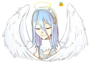 1girl angel angel_wings azura_(fire_emblem) blue_hair closed_eyes closed_mouth commentary emoji english_commentary facing_viewer fire_emblem fire_emblem_fates hair_between_eyes lithety long_hair nintendo portrait solo wings