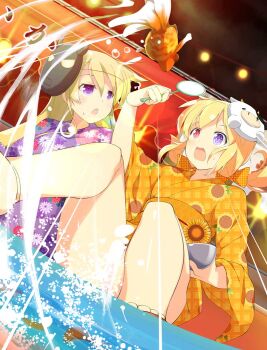 Rule 34 | 2girls, :o, android, blonde hair, bow, bowl, character mask, doll joints, festival, fish, flat chest, floral print, floral print kimono, floral print sleeves, goldfish, goldfish scooping, heterochromia, hiroko (senran kagura), holding, holding bowl, horns, japanese clothes, joints, kimono, long hair, low twintails, mask, mask on head, mechanical horns, multiple girls, muramasa (senran kagura), obi, obidome, obijime, official art, orange bow, orange kimono, plaid bow, poi (goldfish scoop), print kimono, purple eyes, purple kimono, red eyes, sandals, sash, senran kagura, senran kagura new wave, shiny skin, splashing, summer festival, sunflower print, surprised, teeth, twintails, two-tone bow, two-tone kimono, upper teeth only, ushiwakamaru (senran kagura), very long hair, water, water drop, yellow bow, yellow kimono, yukata