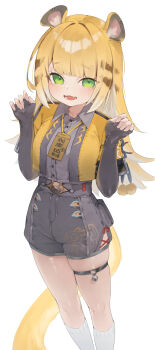 1girl animal_ear_fluff animal_ears black_shorts blush colored_inner_hair cowboy_shot green_eyes grey_shirt hands_up high-waist_shorts highres jacket ju_fufu medallion multicolored_hair open_mouth orange_fur shirt shorts skindentation socks solo striped_fur striped_hair tail theflatfacadeds thigh_strap tiger_ears tiger_girl tiger_stripes tiger_tail white_socks yellow_jacket zenless_zone_zero