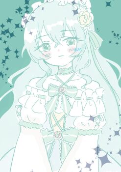 1girl artist_name assault_lily bare_shoulders blush bow choker closed_mouth collarbone commentary criss-cross_halter cross-laced_clothes cross-laced_dress crossed_bangs dress dress_bow dress_flower flower frilled_hairband frilled_sleeves frills fumi_(fumifumi3axl) green_background green_bow green_choker green_eyes green_hair green_theme grey_dress hair_between_eyes hair_flower hair_ornament hairband halter_dress halterneck highres light_smile long_hair long_sleeves looking_at_viewer off-shoulder_dress off_shoulder official_alternate_costume puffy_long_sleeves puffy_sleeves red_flower red_rose rose simple_background solo sparkle standing toki_kureha upper_body v_arms very_long_hair white_hairband yellow_flower yellow_rose