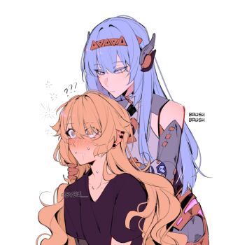 2girls ? ?? android artist_name black_shirt blonde_hair blue_hair blush bright_pupils brushing_another's_hair brushing_hair bvbu closed_mouth collarbone commentary crossed_bangs drooling ear_blush ear_piercing earrings embarrassed english_commentary english_text expressionless eyelashes freckles genshin_impact hair_between_eyes hair_down hairband headgear highres holding_another's_hair ineffa_(genshin_impact) jahoda_(genshin_impact) jewelry long_hair looking_at_another looking_down mole mole_on_collarbone multiple_girls nose_blush piercing purple_eyes ringed_eyes robot_girl shirt short_sleeves simple_background star-shaped_pupils star_(symbol) stud_earrings sweat symbol-shaped_pupils t-shirt twitter_username upper_body very_long_hair wavy_hair white_background white_pupils wide-eyed yellow_eyes yuri