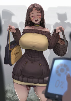1girl ^_^ absurdres bag black_collar blurry blurry_background blurry_foreground blush bread breasts brown_dress brown_hair closed_eyes collar collarbone commentary controller crowd discreet_vibrator dress english_commentary facing_viewer food highres holding holding_phone holding_weapon huge_breasts impossible_clothes impossible_dress long_hair long_sleeves mistimagi mistimagi_(character) mole mole_under_eye off-shoulder_dress off_shoulder open_mouth original phone pov pov_hands public_indecency public_vibrator remote_control remote_control_vibrator ribbed_dress sex_toy shopping_bag shopping_basket solo_focus sweatdrop sweater sweater_dress teeth upper_teeth_only vibrator vibrator_under_clothes weapon when_you_see_it wireless_sex_toy_controller