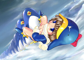 1girl animal bestiality bird bow costume cum ecoco ekokuice female_focus flat_chest interspecies lineup loli penguin queue scarf sex snow