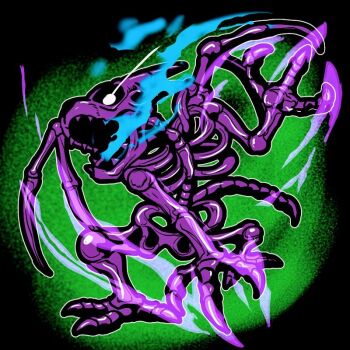 Rule 34 | 1boy, baramos, black background, bone, claws, commentary request, corpse, dragon, dragon quest, dragon quest iii, dragon quest tact, eye trail, full body, green background, horns, light trail, male focus, monster, monster boy, monster focus, no humans, on9602brtkkrxhv, open mouth, skeleton, solo, tail, white eyes, zombie