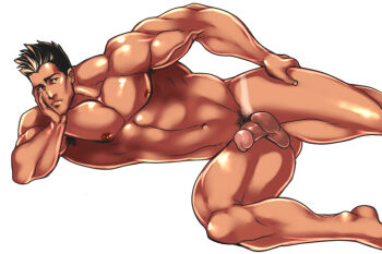 Rule 34 | 1boy, bara, lying, male focus, muscular, penis, rabbit (pixiv744412), solo, tagme, tan, tanline, testicles
