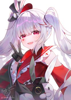 1girl binato_lulu black_gloves black_hat blunt_bangs commentary_request gloves grey_hair hair_between_eyes hair_intakes half_gloves hand_up hat heart heart_tattoo highres honkai:_star_rail honkai_(series) light_blush looking_at_viewer open_mouth red_eyes simple_background smile solo sparxie_(honkai:_star_rail) tattoo twintails twitter_username upper_body v white_background