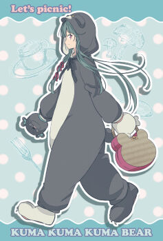 Rule 34 | 029, 1girl, animal costume, animal ears, animal hood, bag, bear costume, bear ears, bear hood, black ribbon, blush, closed mouth, copyright name, cosplay, cup, english text, fork, from side, full body, green hair, hair ribbon, hand puppet, highres, holding, holding bag, hood, hood up, kigurumi, kuma kuma kuma bear, long hair, looking at viewer, official art, profile, puppet, red eyes, red ribbon, ribbon, smile, solo, third-party source, walking, yuna (kuma kuma kuma bear)