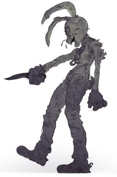 1girl animal_costume animal_ears buck_teeth commentary english_commentary five_nights_at_freddy&#039;s five_nights_at_freddy&#039;s:_security_breach from_side full_body highres holding holding_knife jokioro knife open_mouth rabbit_costume rabbit_ears smile solo teeth vanny_(fnaf)