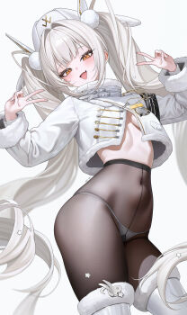 :d abpart absurdres black_pantyhose blanc_(fortune_express)_(nikke) blanc_(nikke) blush boots commentary double_v fur-trimmed_boots fur-trimmed_jacket fur_trim goddess_of_victory:_nikke hat highres jacket long_hair long_sleeves looking_at_viewer official_alternate_costume open_mouth orange_eyes panties panties_under_pantyhose pantyhose smile thigh_boots twintails underwear v white_background white_boots white_hair white_hat white_jacket white_panties