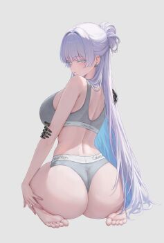 1girl absurdres ass blunt_bangs blush bra commentary_request drizz ear_piercing feet from_behind full_body goddess_of_victory:_nikke grey_bra grey_panties highres kneeling long_hair looking_at_viewer looking_back mechanical_hands nayuta_(nikke) panties parted_lips piercing revision simple_background single_mechanical_hand soles solo toes underwear very_long_hair white_hair