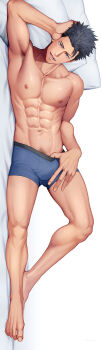 1boy abs absurdres bara barefoot black_eyes black_hair blue_male_underwear boxer_briefs comiket_107 commentary_request d-red dakimakura_(medium) highres looking_at_viewer lower_teeth_only lying male_focus male_pubic_hair male_underwear male_underwear_pull muscular muscular_male nipples on_side open_mouth original pectorals pubic_hair pubic_hair_peek short_hair smile solo sweat teeth underwear veiny_crotch