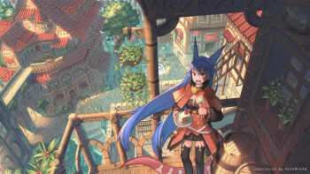 1girl barrel bird bird_nest black_thighhighs blue_hair borrowed_character breasts cake cake_slice commentary_request day door flower_pot food fork from_above gift_art hanging_plant highres holding holding_fork holding_plate lily_pad long_hair looking_at_viewer medium_breasts nagi_itsuki open_mouth original outdoors plant plate pond potted_plant railing red_eyes scenery sharp_teeth smile solo stairs stool table teeth thighhighs tiona tree window